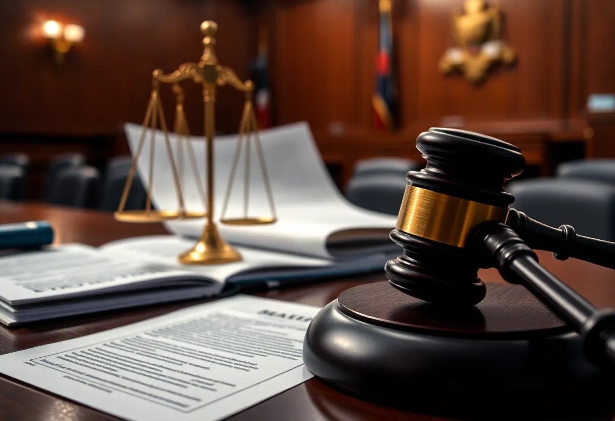 A courtroom with legal documents and scales of justice