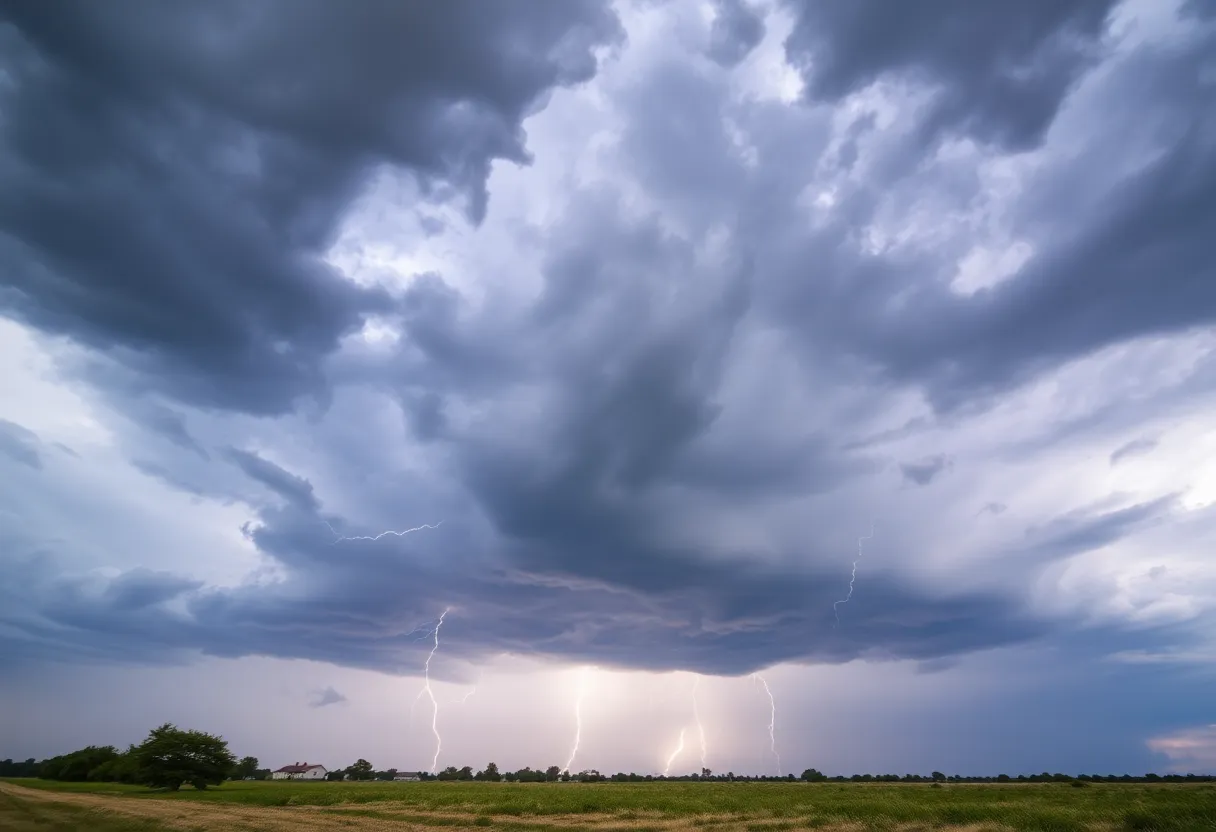 Dark clouds and lightning signaling severe thunderstorms in Northeast Texas