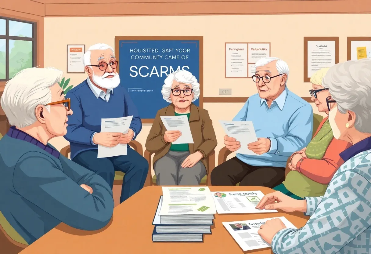 Seniors gathered in a community center discussing scam awareness.
