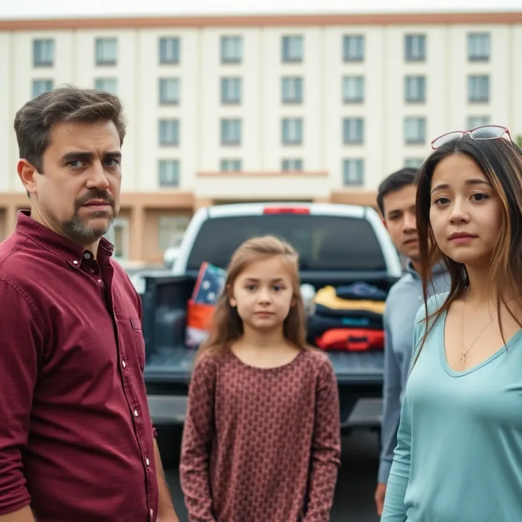Roberts family in front of hotel parking lot looking concerned about their stolen truck.